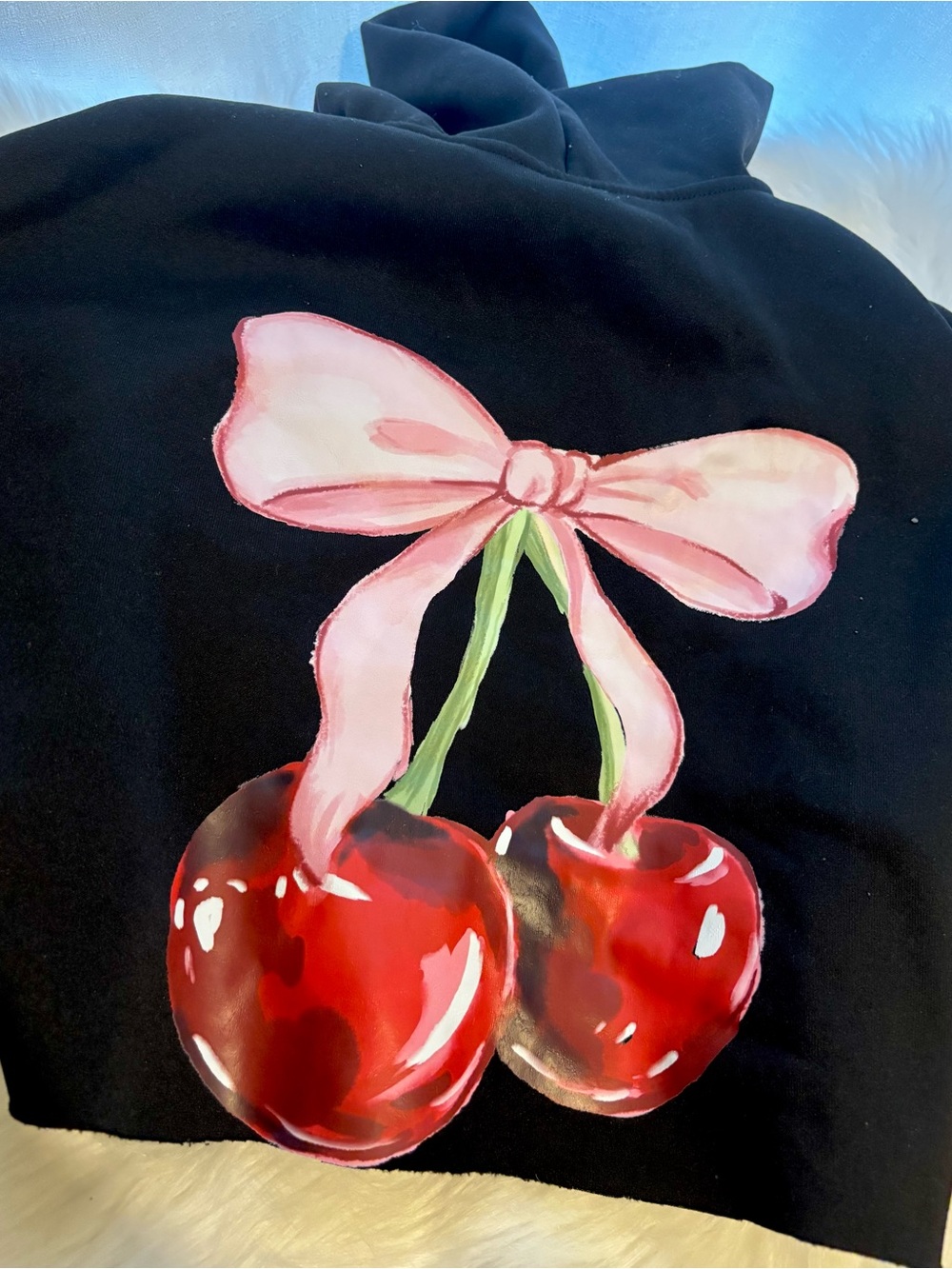 Black CROP Hoodie with Cherry Graphic and Pink Bow